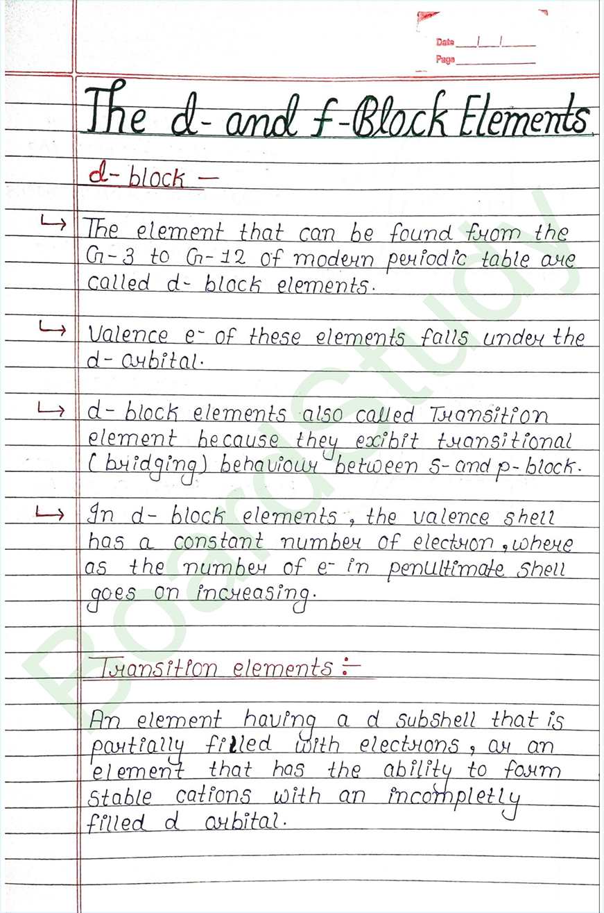 The d and f block elements class 12 notes - Chemistry Chapter 4 notes (Handwritten Notes) 1 4. The d-and f-Block Elements_page-0001