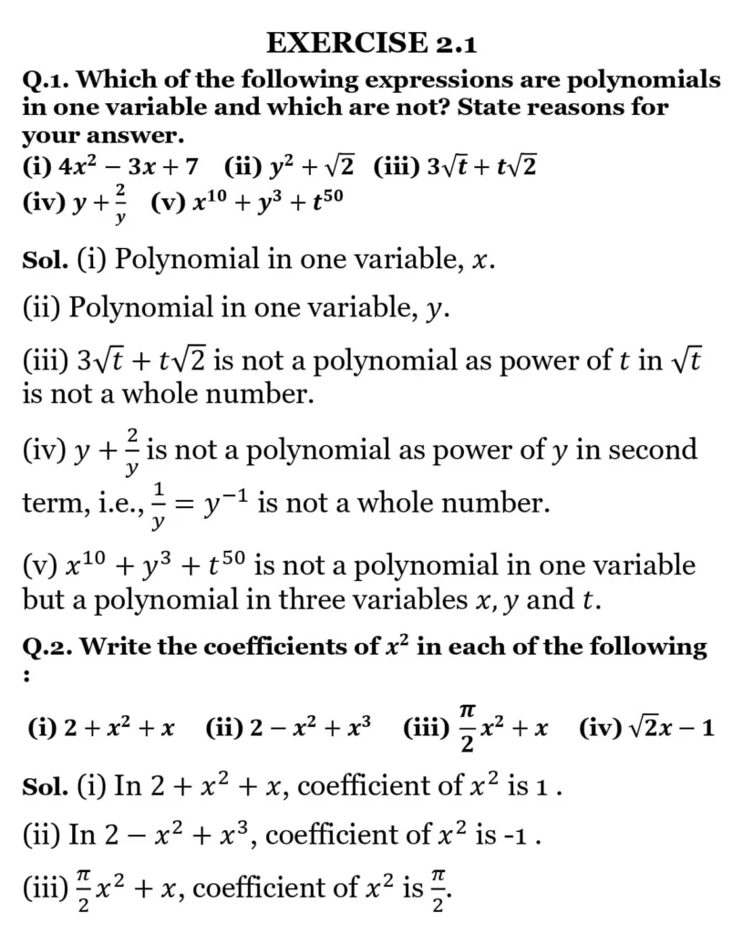 NCERT Solutions for Class 9 Maths Chapter 2 Polynomials Exercise 2.1 01