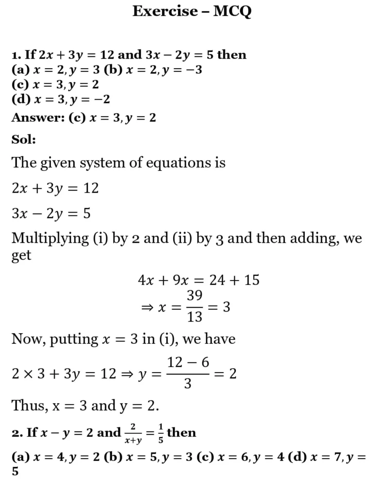 RS Aggarwal Class 10 Math Solutions Chapter 3 - Linear Equations in Two Variables 280 RS Aggarwal Class 10 Math Solutions Linear Equations in Two Variables MCQ 001