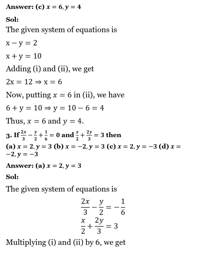 RS Aggarwal Class 10 Math Solutions Chapter 3 - Linear Equations in Two Variables 281 RS Aggarwal Class 10 Math Solutions Linear Equations in Two Variables MCQ 002