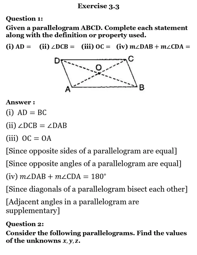 NCERT Solutions for Class 8 Maths Chapter 3 Understanding Quadrilaterals 7 NCERT Solutions for Class 8 Maths Chapter 3 Understanding Quadrilaterals Exercise 3.3 01