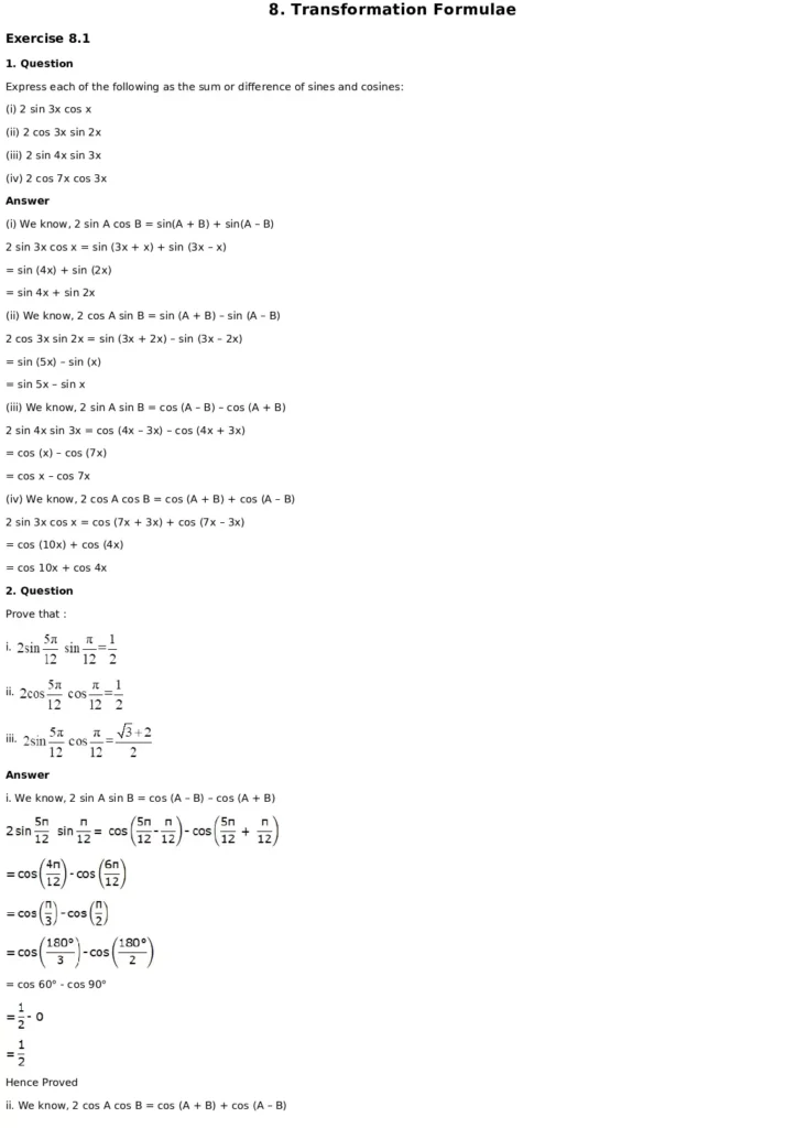 RD Sharma Solutions for Class 11 Maths Chapter 8 Transformation Formulae 1 RD Sharma Solutions for Class 11 Maths Chapter 8 Exercise 8.1 001
