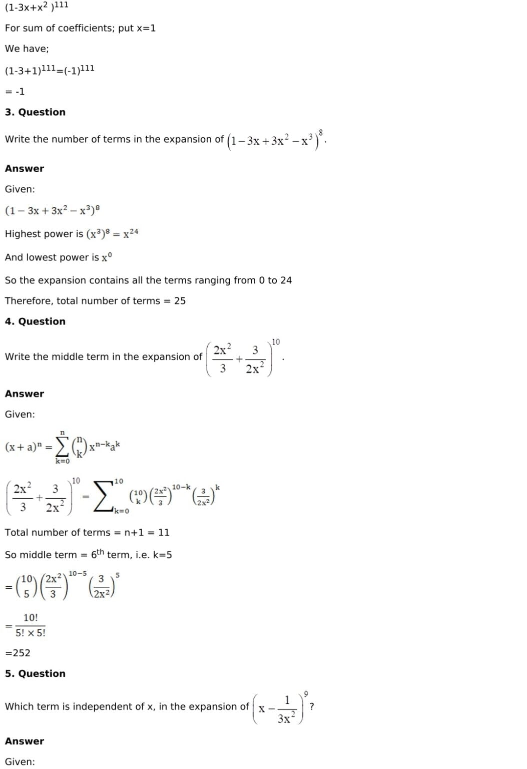 RD Sharma Solutions for Class 11 Maths Chapter 18 Binomial Theorem ...
