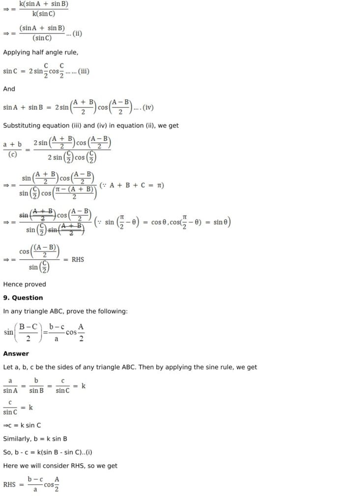 RD Sharma Solutions for Class 11 Maths Chapter 10 Sine And Cosine Formulae And Their Applications 10 RD Sharma Chapter 10 Exercise 10.1 - 10