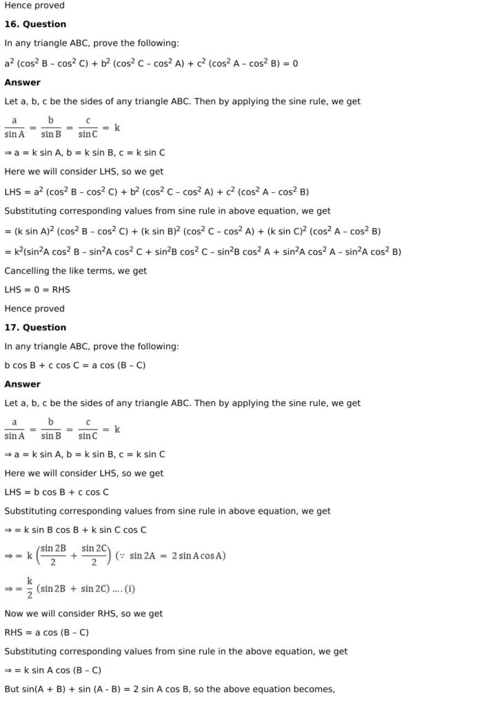 RD Sharma Solutions for Class 11 Maths Chapter 10 Sine And Cosine Formulae And Their Applications 16 RD Sharma Chapter 10 Exercise 10.1 - 16