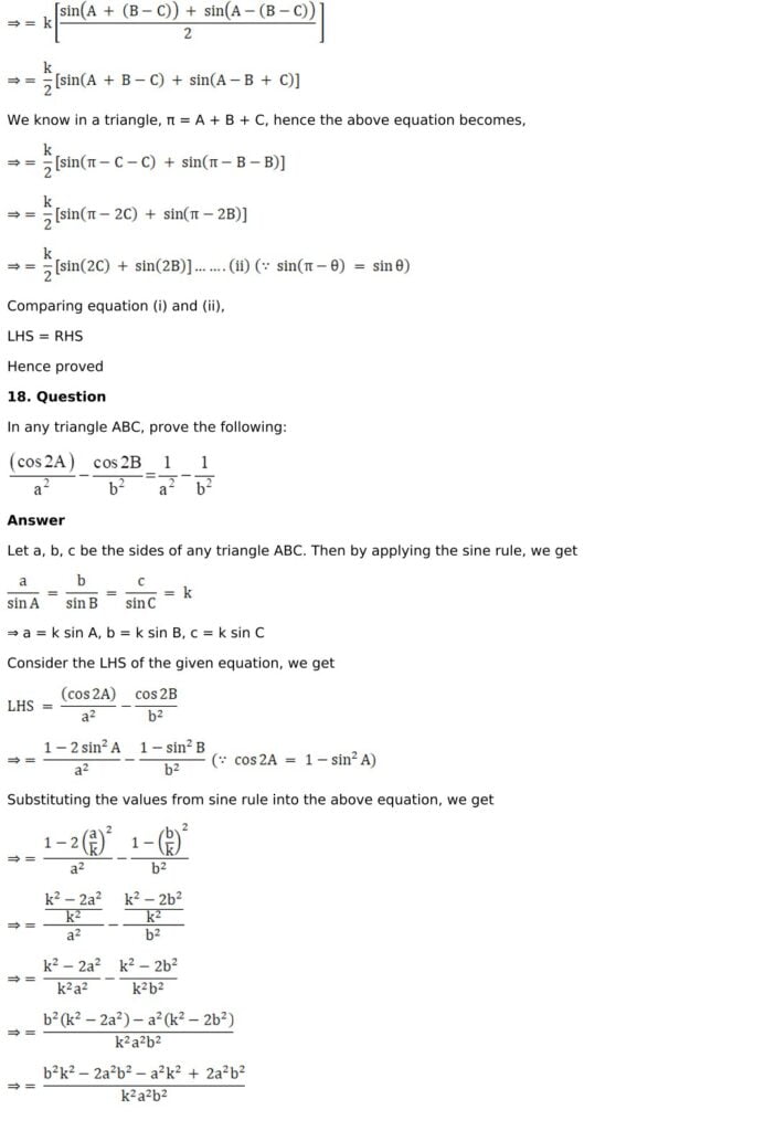 RD Sharma Solutions for Class 11 Maths Chapter 10 Sine And Cosine Formulae And Their Applications 17 RD Sharma Chapter 10 Exercise 10.1 - 17