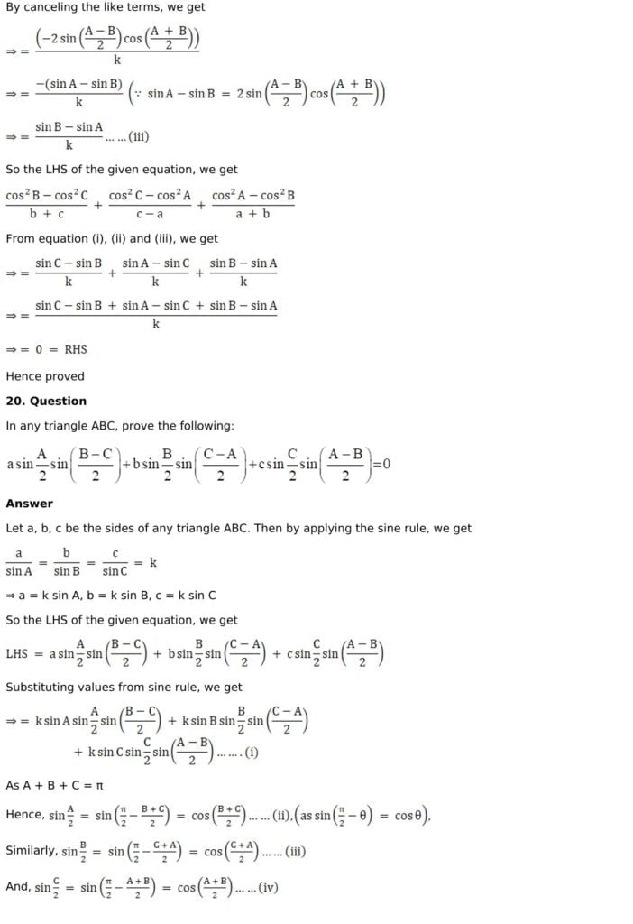 RD Sharma Solutions for Class 11 Maths Chapter 10 Sine And Cosine Formulae And Their Applications 20 RD Sharma Chapter 10 Exercise 10.1 - 20