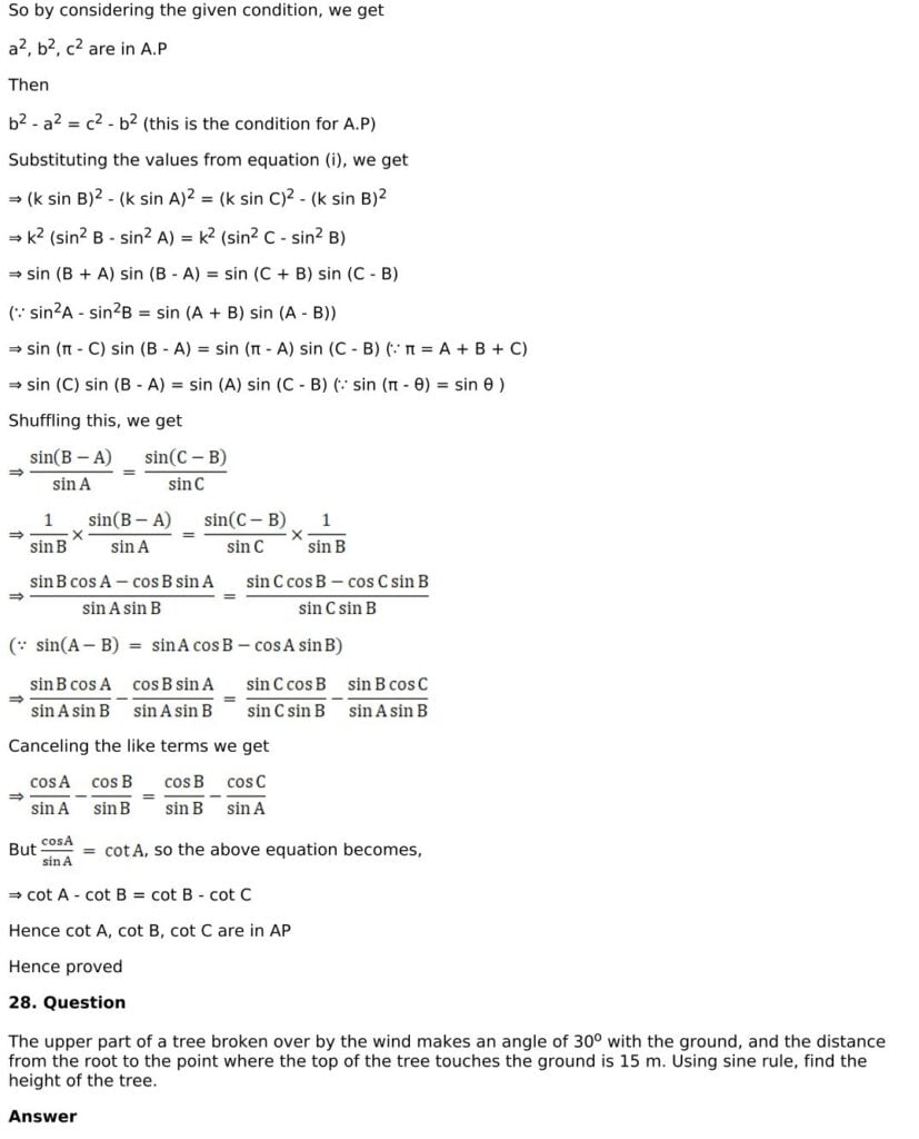 RD Sharma Solutions for Class 11 Maths Chapter 10 Sine And Cosine Formulae And Their Applications 29 RD Sharma Chapter 10 Exercise 10.1 - 29