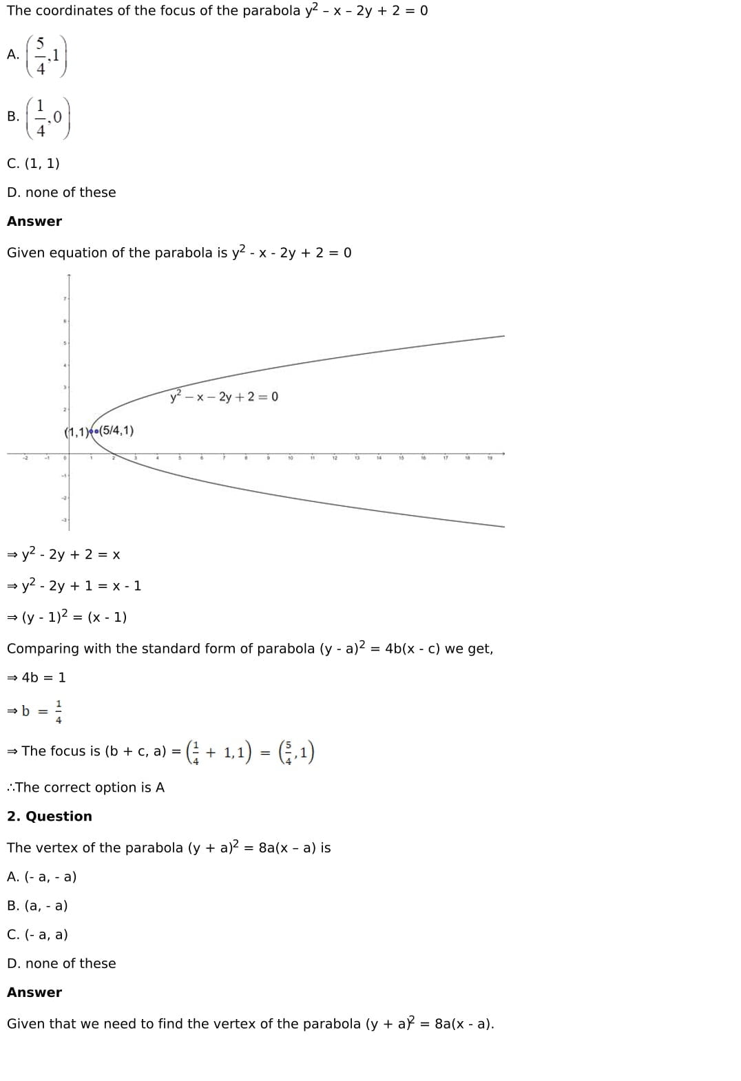 RD Sharma Solutions for Class 11 Maths Chapter 25 Parabola 45 RD Sharma Chapter 25 MCQ - 02