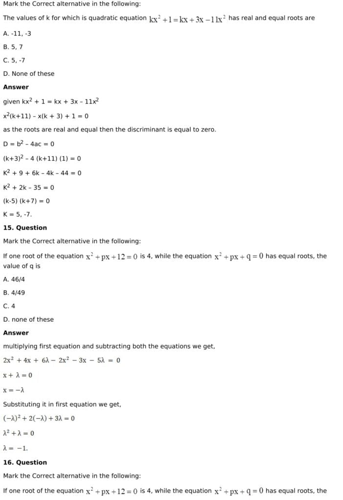RD Sharma Solutions for Class 11 Maths Chapter 14 Quadratic Equations 48 RD Sharma Chapter 14 MCQ - 09