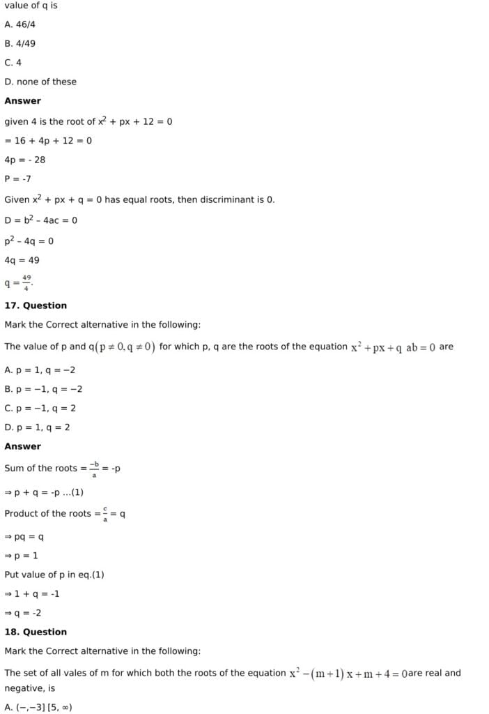 RD Sharma Solutions for Class 11 Maths Chapter 14 Quadratic Equations 49 RD Sharma Chapter 14 MCQ - 10