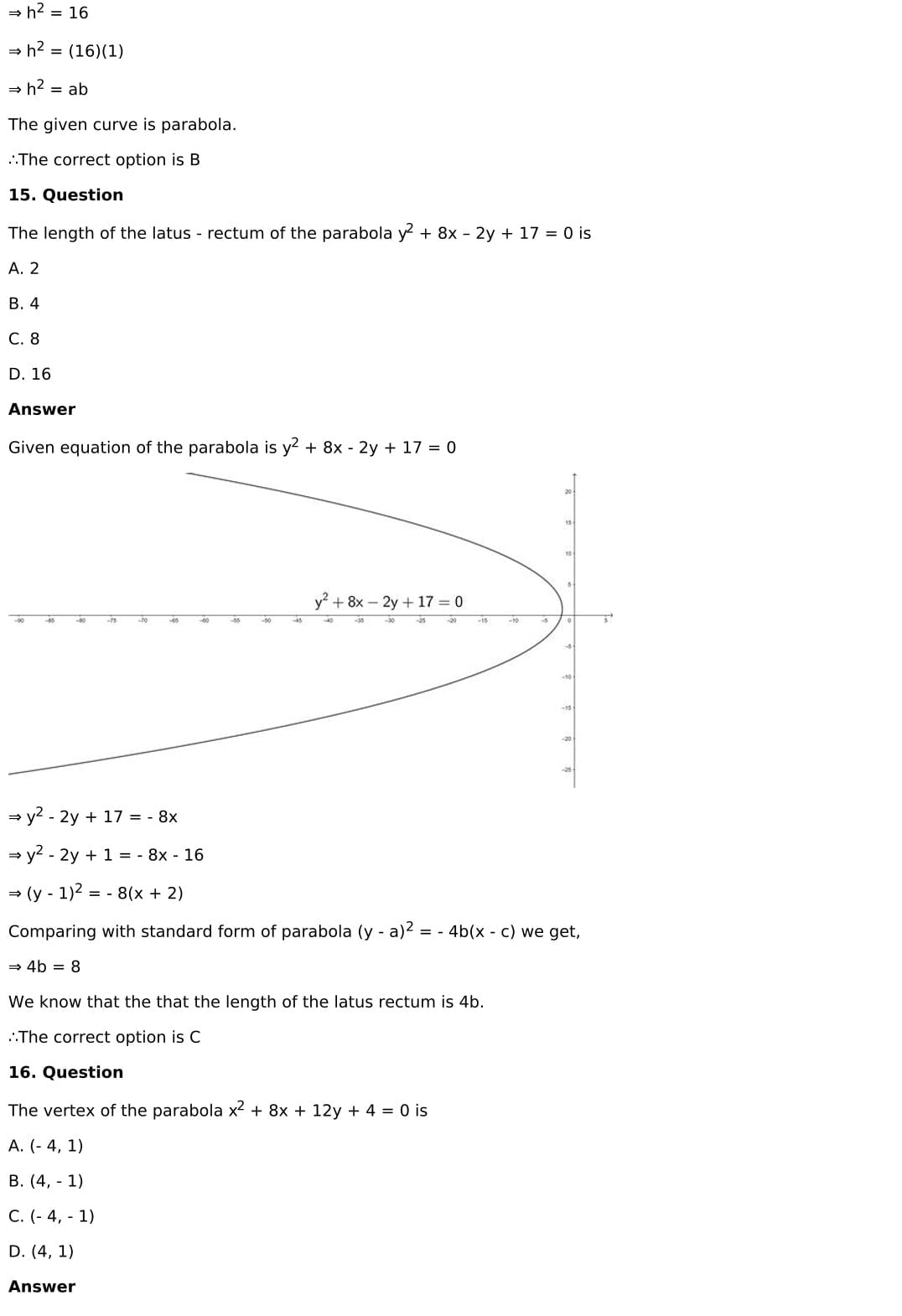 RD Sharma Solutions for Class 11 Maths Chapter 25 Parabola 59 RD Sharma Chapter 25 MCQ - 016