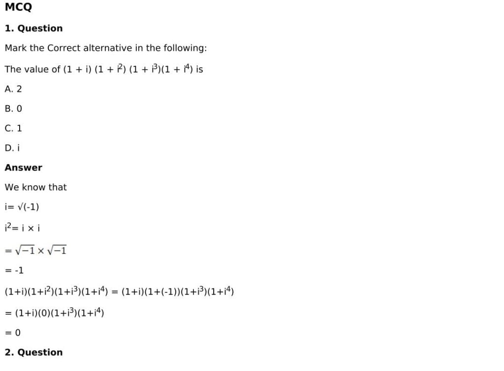 RD Sharma Solutions for Class 11 Maths Chapter 13 Complex Numbers 74 RD Sharma Chapter 13 MCQ - 01