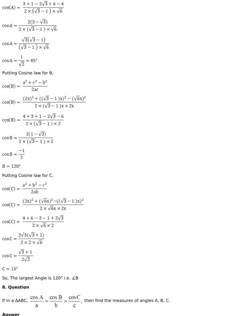 RD Sharma Solutions for Class 11 Maths Chapter 10 Sine And Cosine Formulae And Their Applications 71 RD Sharma Chapter 10 - Very Short Answers - 06