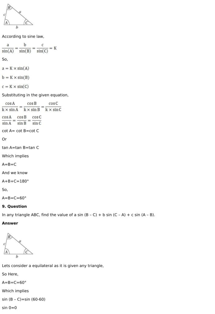 RD Sharma Solutions for Class 11 Maths Chapter 10 Sine And Cosine Formulae And Their Applications 72 RD Sharma Chapter 10 - Very Short Answers - 07