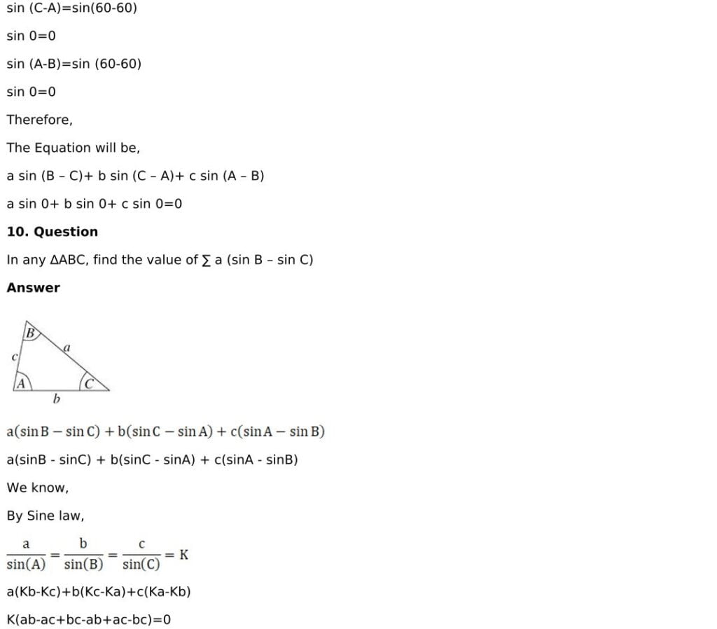 RD Sharma Solutions for Class 11 Maths Chapter 10 Sine And Cosine Formulae And Their Applications 73 RD Sharma Chapter 10 - Very Short Answers - 08