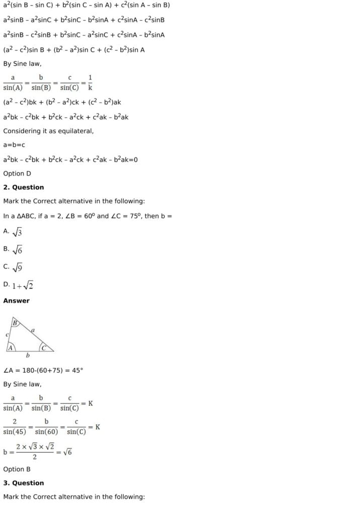 RD Sharma Solutions for Class 11 Maths Chapter 10 Sine And Cosine Formulae And Their Applications 75 RD Sharma Chapter 10 - MCQ - 02
