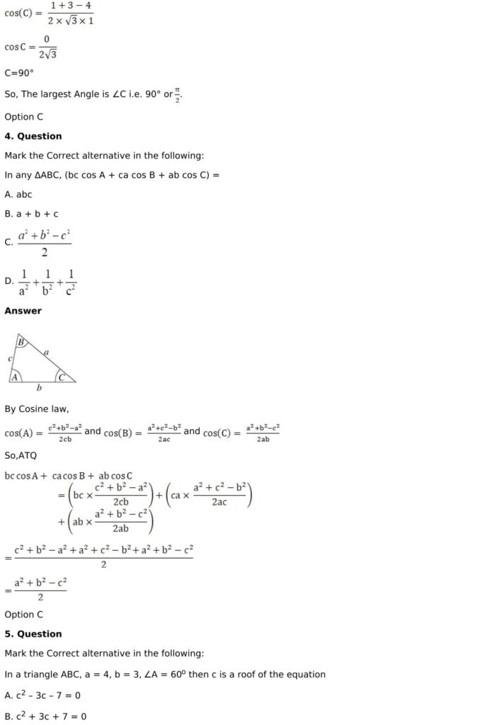 RD Sharma Solutions for Class 11 Maths Chapter 10 Sine And Cosine Formulae And Their Applications 77 RD Sharma Chapter 10 - MCQ - 04