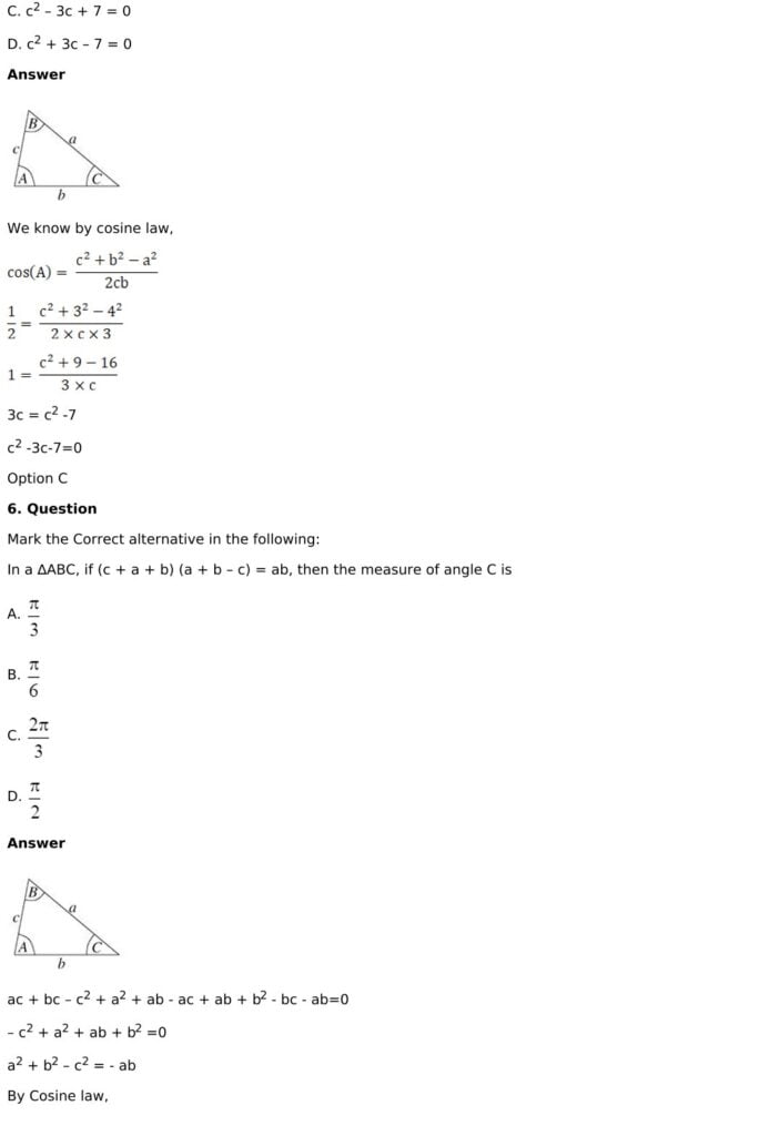 RD Sharma Solutions for Class 11 Maths Chapter 10 Sine And Cosine Formulae And Their Applications 78 RD Sharma Chapter 10 - MCQ - 05