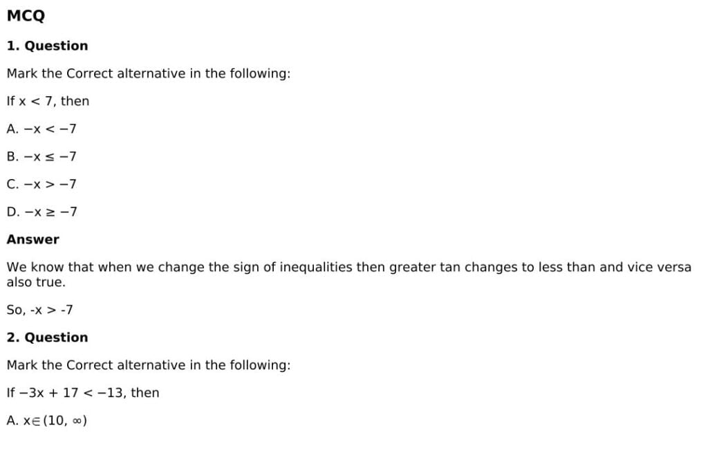 RD Sharma Solutions for Class 11 Maths Chapter 15 Linear Inequations 98 RD Sharma Chapter 15 MCQ - 01