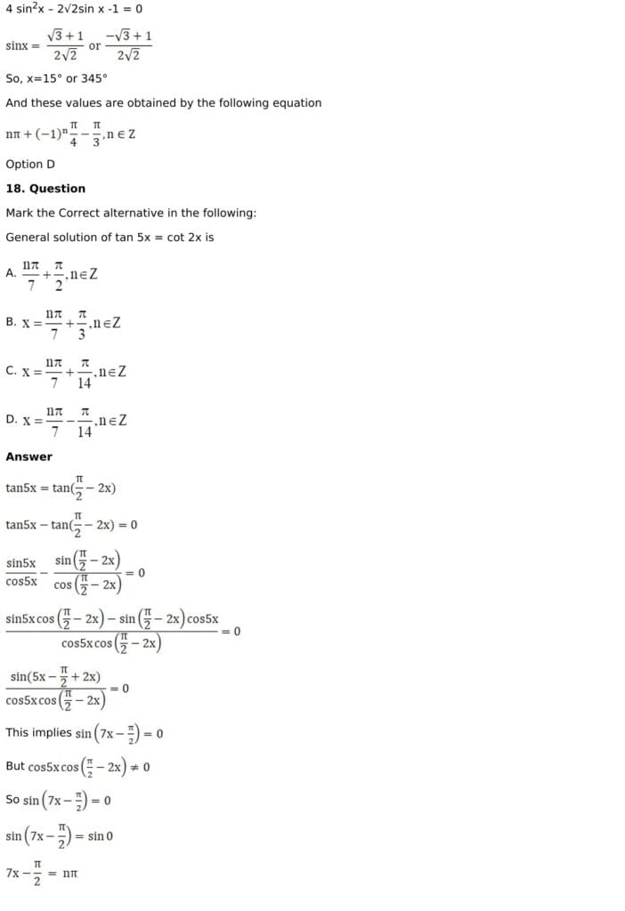 RD Sharma Solutions for Class 11 Maths Chapter 11 Trigonometric Equations 84 RD Sharma Class 11 Chapter 11 - MCQ - 11