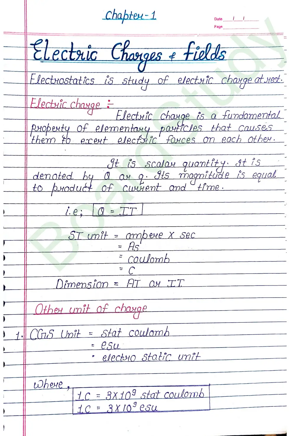 Electric Charges and Fields Class 12 Physics Chapter 1 Notes (Handwritten Notes PDF Download) 1 1. Electric charge and field_page-0001