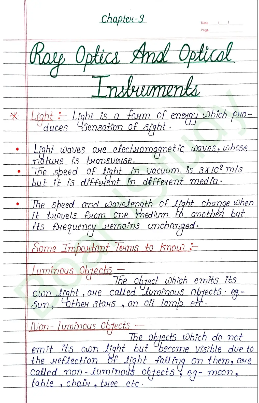 Ray Optics and Optical Instruments Class 12 Physics Chapter 9 Notes (Handwritten Notes PDF Download) 1 9. Ray optics and instrumental things_page-0001